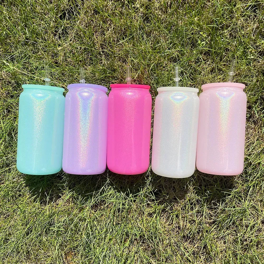 16oz Color Lids Glitter Shimmer Glass Cans Sublimation Blanks