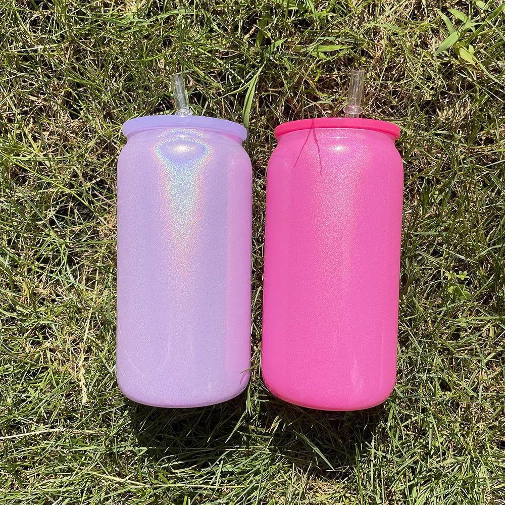 16oz Color Lids Glitter Shimmer Glass Cans Sublimation Blanks