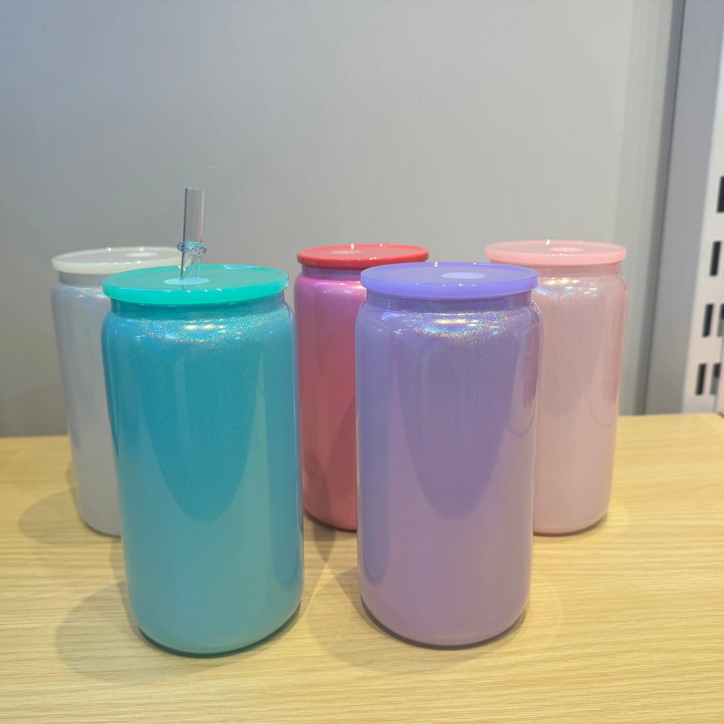 16oz Color Lids Glitter Shimmer Glass Cans Sublimation Blanks