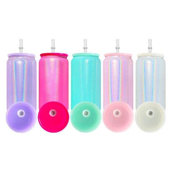 16oz Color Lids Glitter Shimmer Glass Cans Sublimation Blanks
