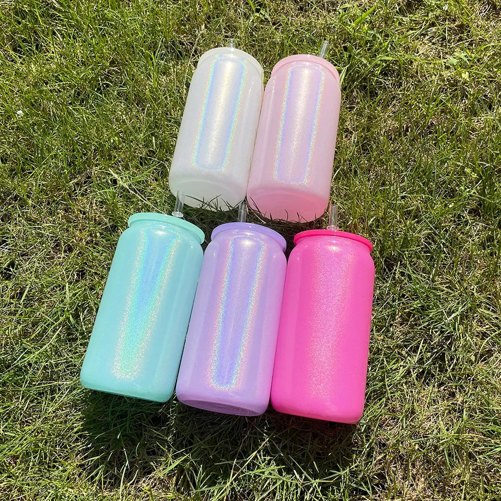 16oz Color Lids Glitter Shimmer Glass Cans Sublimation Blanks