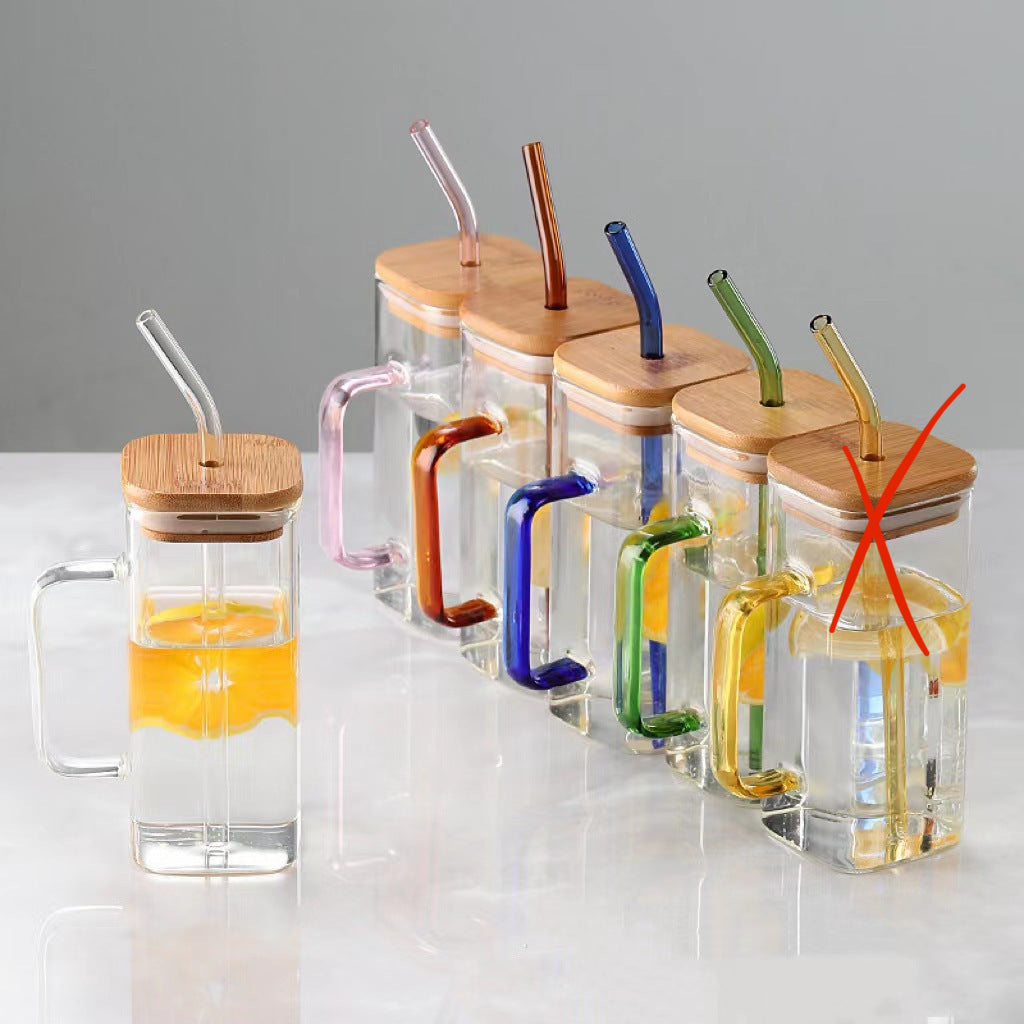 400ml TikTok Trending Square Glass Cup with Bamboo Lids and Glass Straws