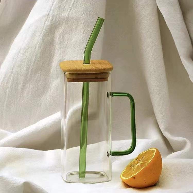 400ml TikTok Trending Square Glass Cup with Bamboo Lids and Glass Straws