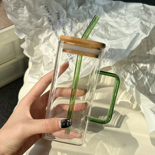 400ml TikTok Trending Square Glass Cup with Bamboo Lids and Glass Straws