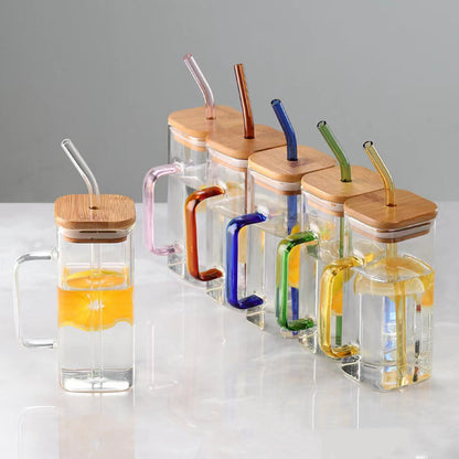 400ml TikTok Trending Square Glass Cup with Bamboo Lids and Glass Straws