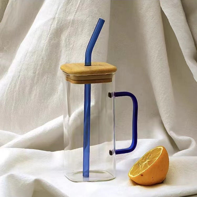 400ml TikTok Trending Square Glass Cup with Bamboo Lids and Glass Straws