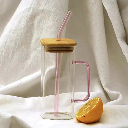 400ml TikTok Trending Square Glass Cup with Bamboo Lids and Glass Straws