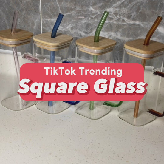 400ml TikTok Trending Square Glass Cup with Bamboo Lids and Glass Stra –  Trendy Supply