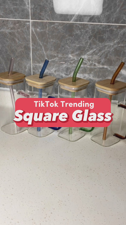 400ml TikTok Trending Square Glass Cup with Bamboo Lids and Glass Straws