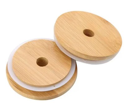 Replacement Bamboo Lids with Straw Hole for Glass Cans